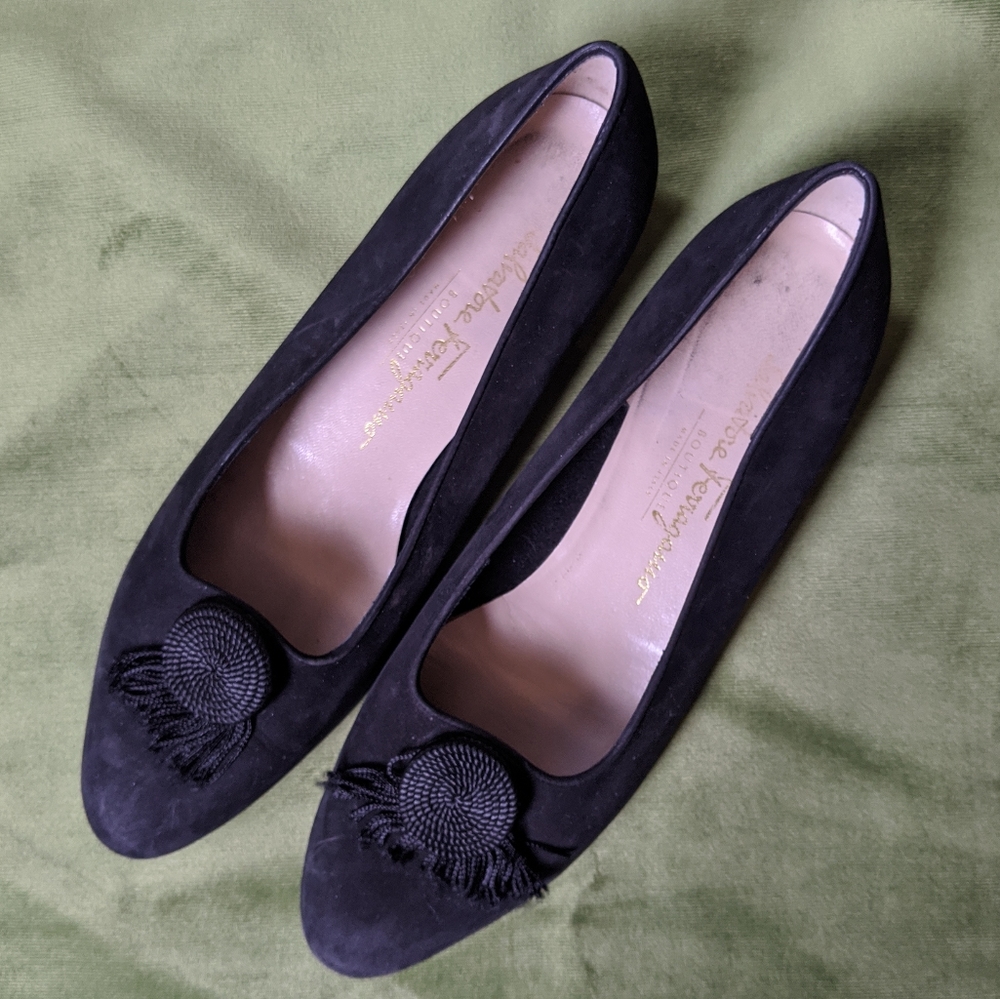 Salvatore Ferragamo Black Suede Tassel Flats